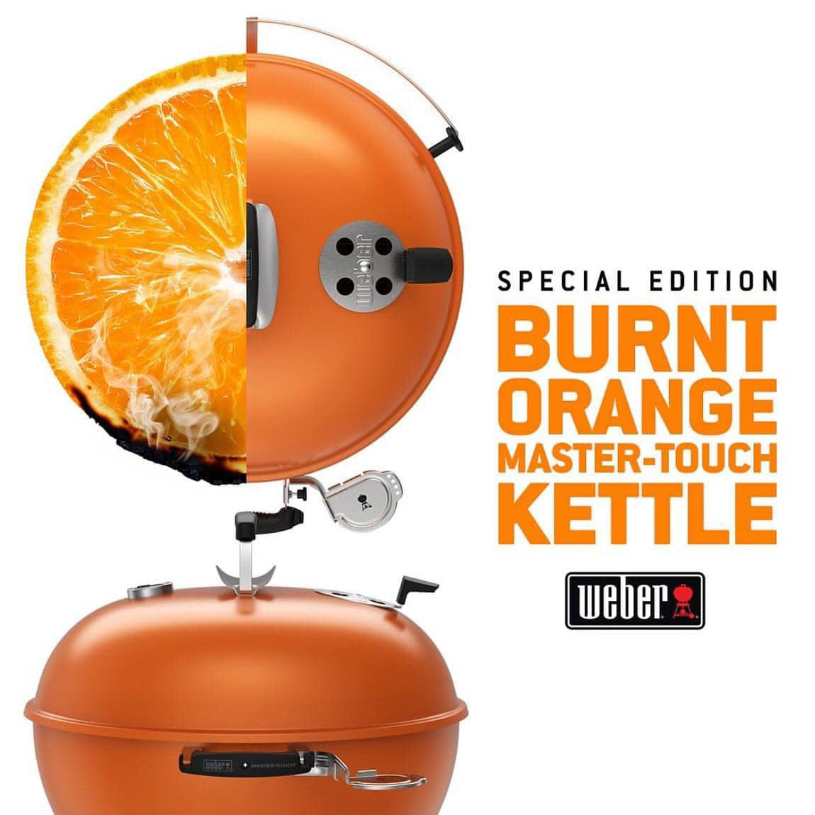Weber Master-Touch Kettle grill with half an orange on a white background